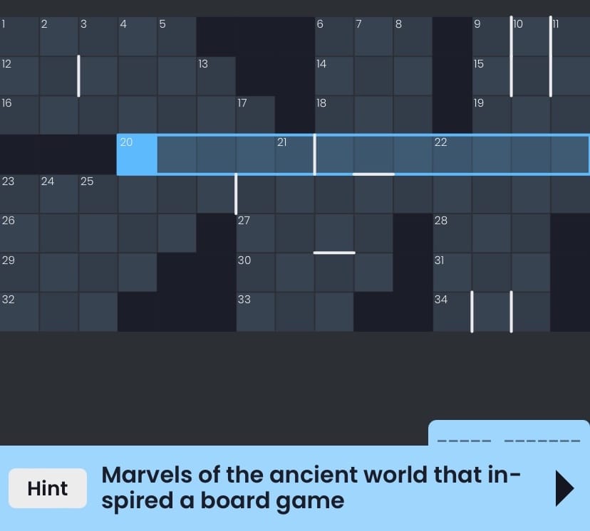 Crossword puzzle with clue: "Marvels of the ancient world that inspired a board game"