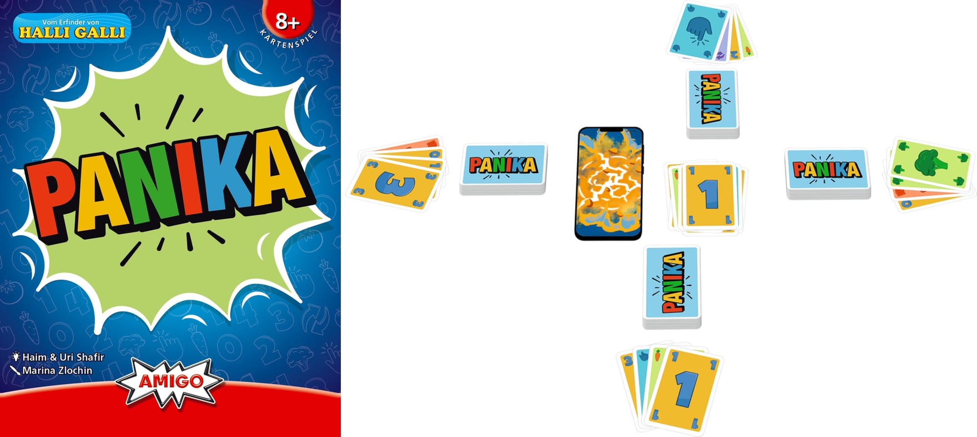 The game Panika shows the word in an explosive graphic; the gameplay example next to the game cover shows hands of cards, personal decks, played cards, and an explosion on a smartphone app