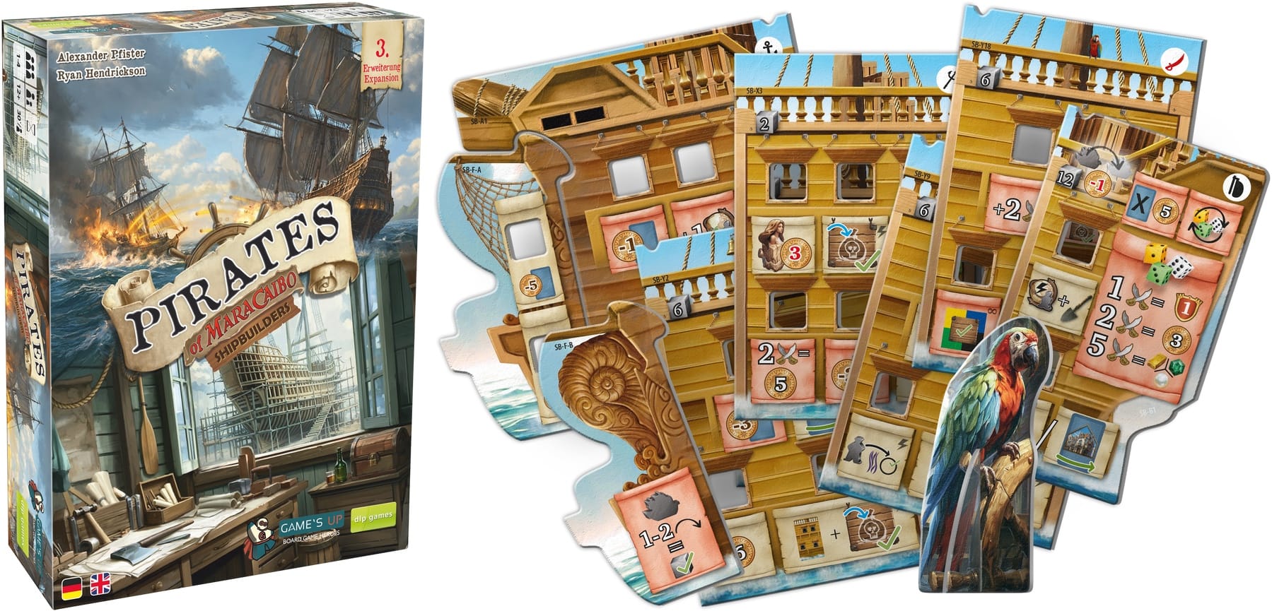 The front cover of Pirates of Maracaibo: Shipbuilders shows two burning ships on the ocean as well as an office setting with a ship being built in the background; this cover is next to assorted ship tiles.
