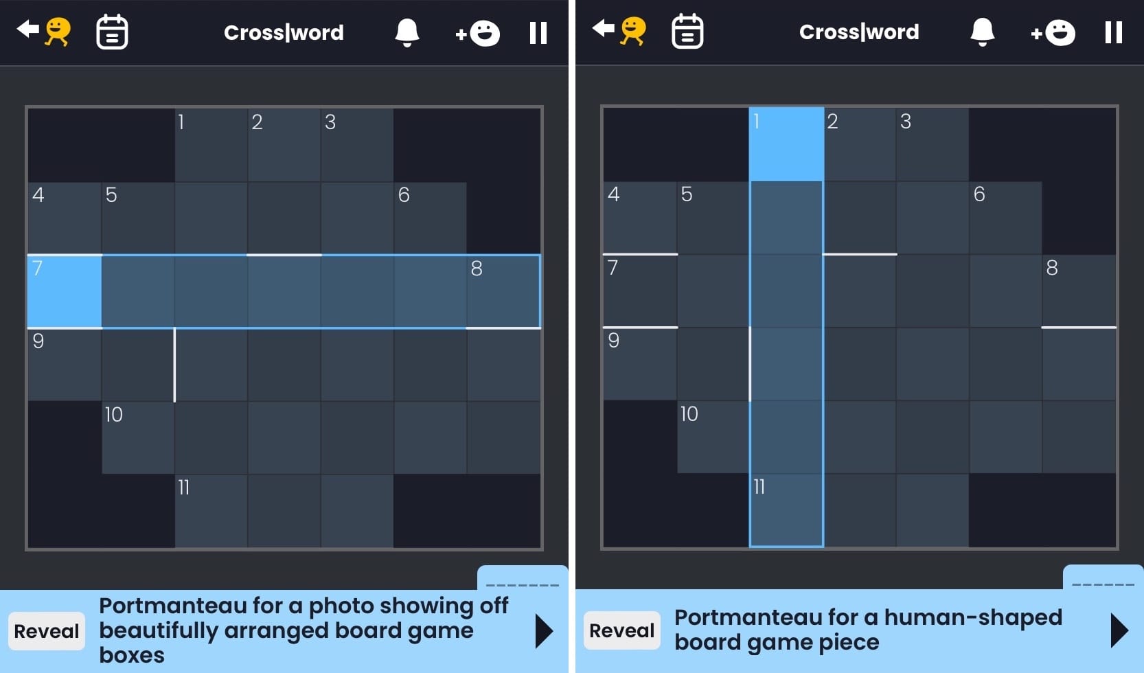 Screenshots of two crossword clues: "Portmanteau for a photo showing off beautifully arranged board game boxes" and "Portmanteau for a human-shaped board game piece".