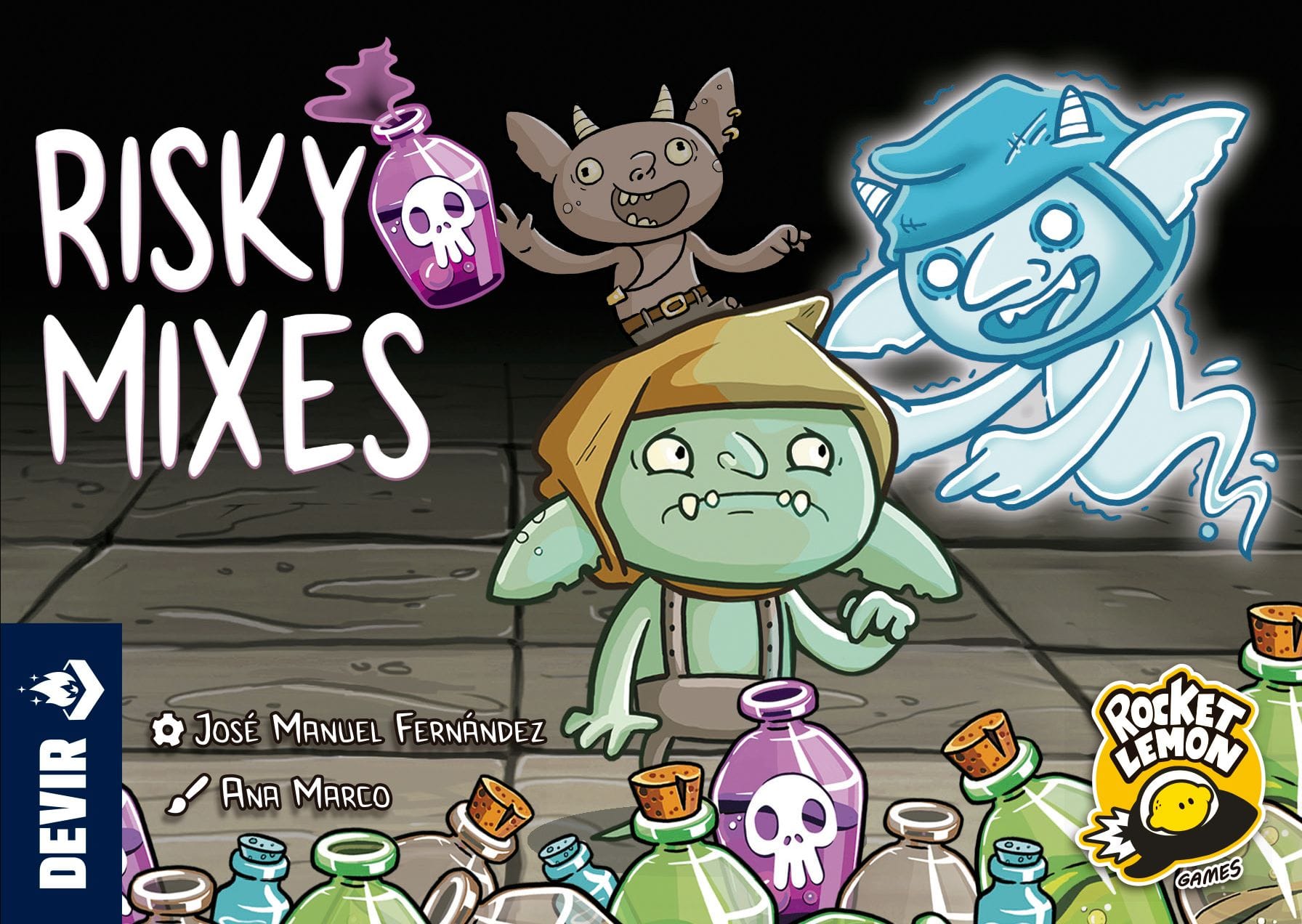 Front cover of Risky Mixes, which shows an unhappy goblin being talked to by a ghost goblin.
