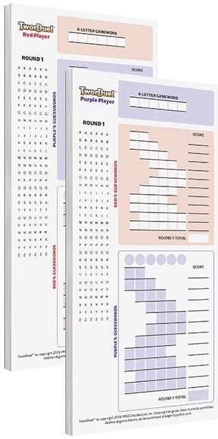 Two pads of paper are shown, with room for your secret word at top, your opponent's guesses in the middle, and your guesses and points at the bottom.