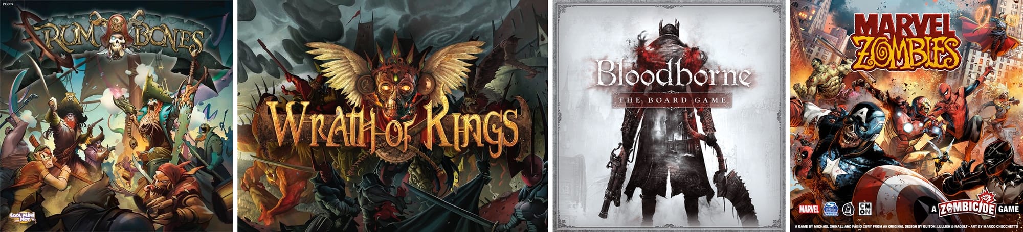 Covers of four CMON games designed or co-designed by Michael Shinall: Rum & Bones, Wrath of Kings, Bloodborne, and Marvel Zombies.