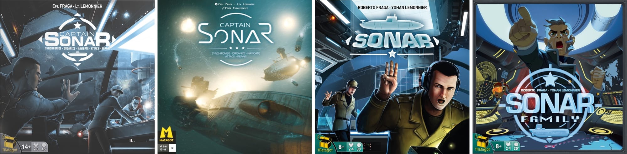 Front covers of the first and second editions of Captain Sonar, along with the covers of Sonar and Sonar Family