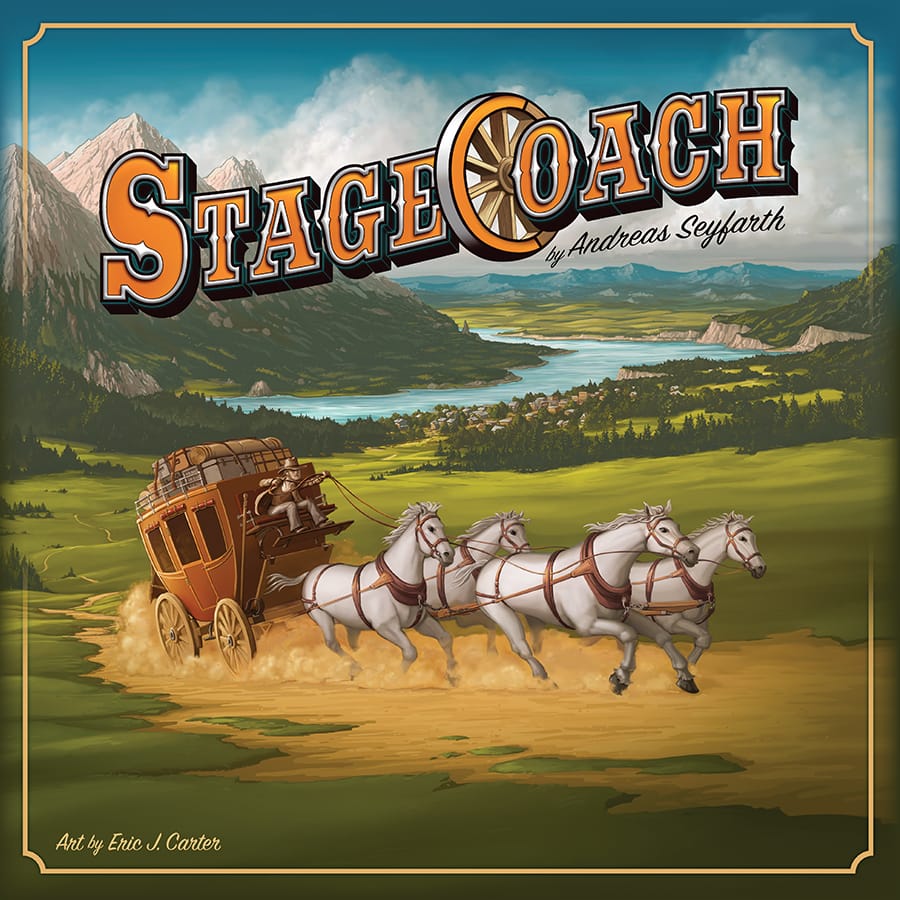 Below the StageCoach logo is a stagecoach being led by four white horses across a dusty plain, with a lake and mountains in the background.