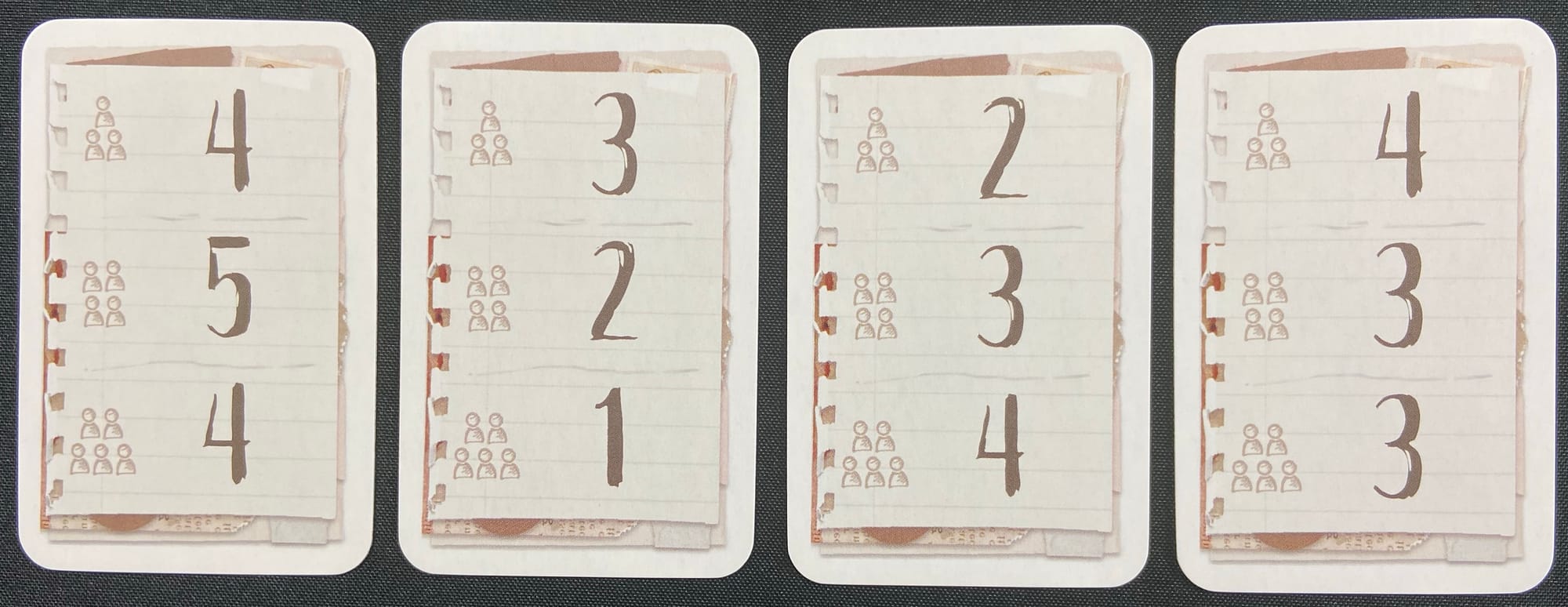 Each card has an icon for three, four, and five players, with a numerical value next to each icon.