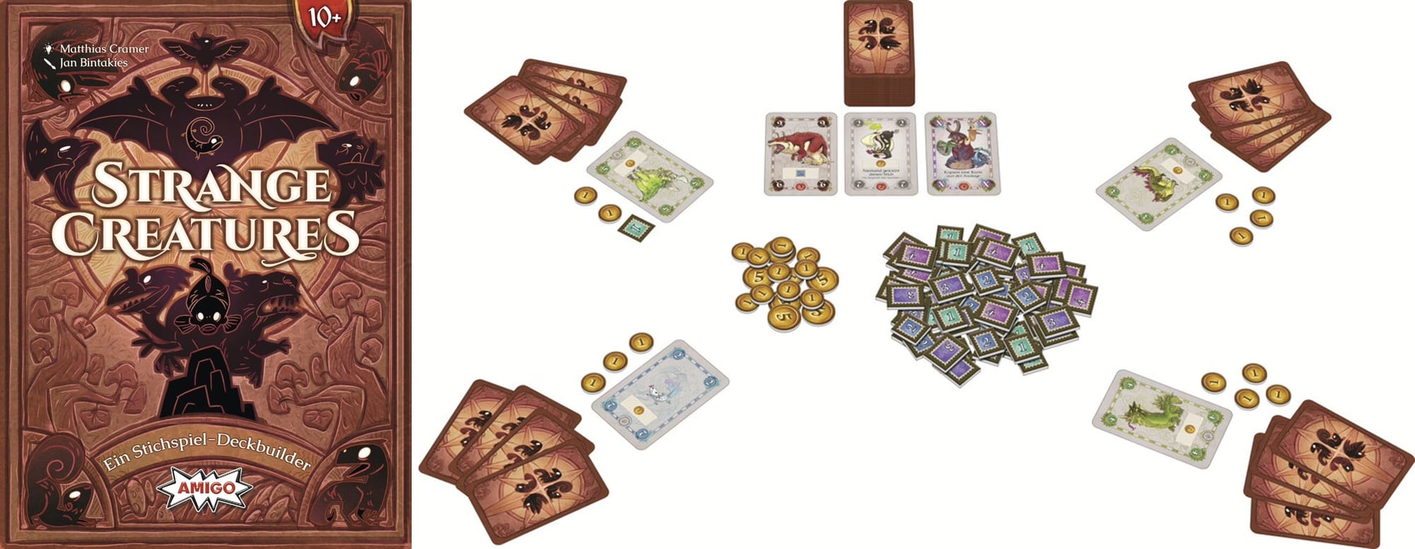 The front cover of Strange Creatures is brown with creature silhouettes; it's next to an example of gameplay, with one trick being played, three cards in the market, and piles of coins and stamps