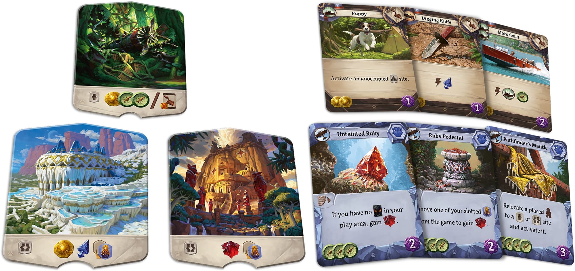 Two new site tiles and a selection of artifact and item cards from Lost Ruins of Arnak: Surprise Shipment.