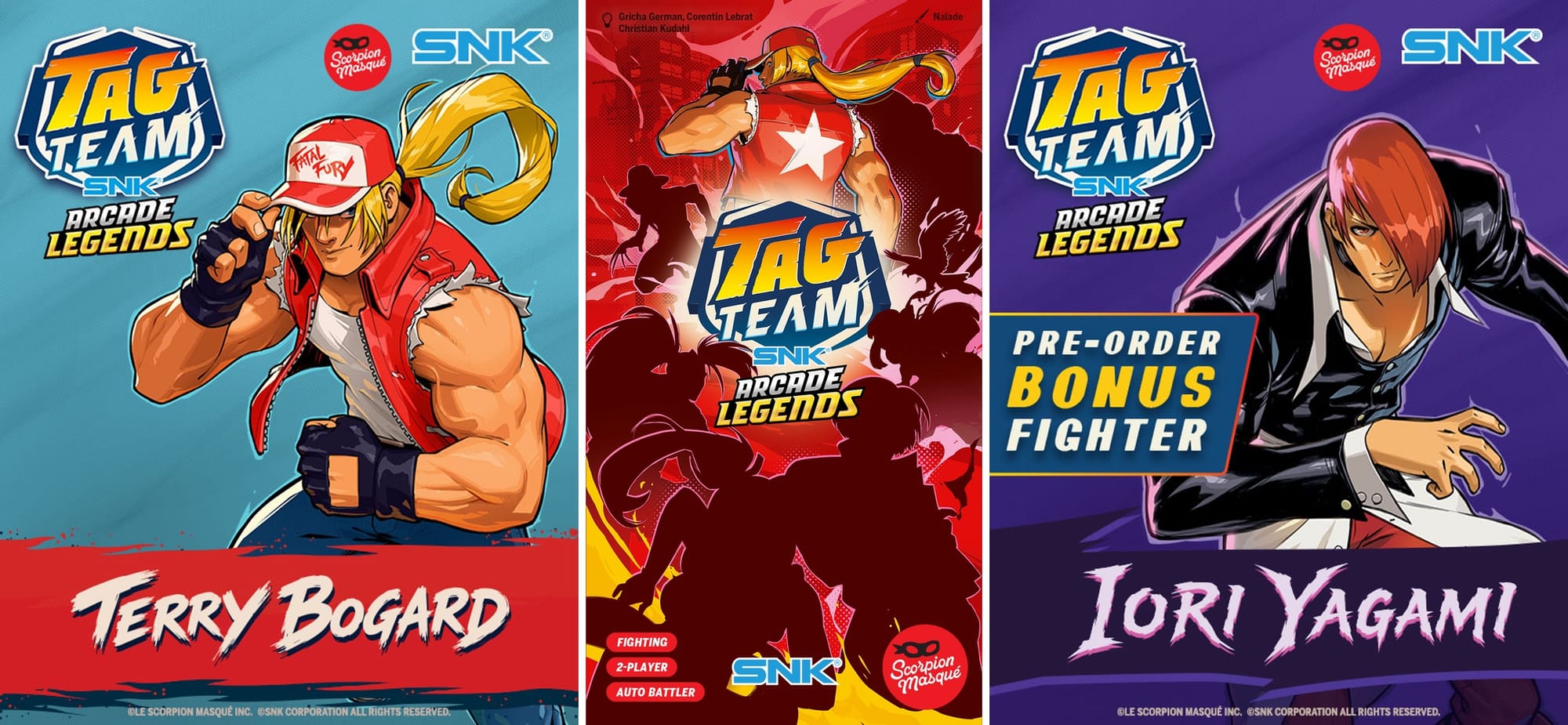 The front cover of the game is depicted, showing Terry Bogard looking over his shoulder at the viewer; separate character pics show Bogard and Iori Yagami