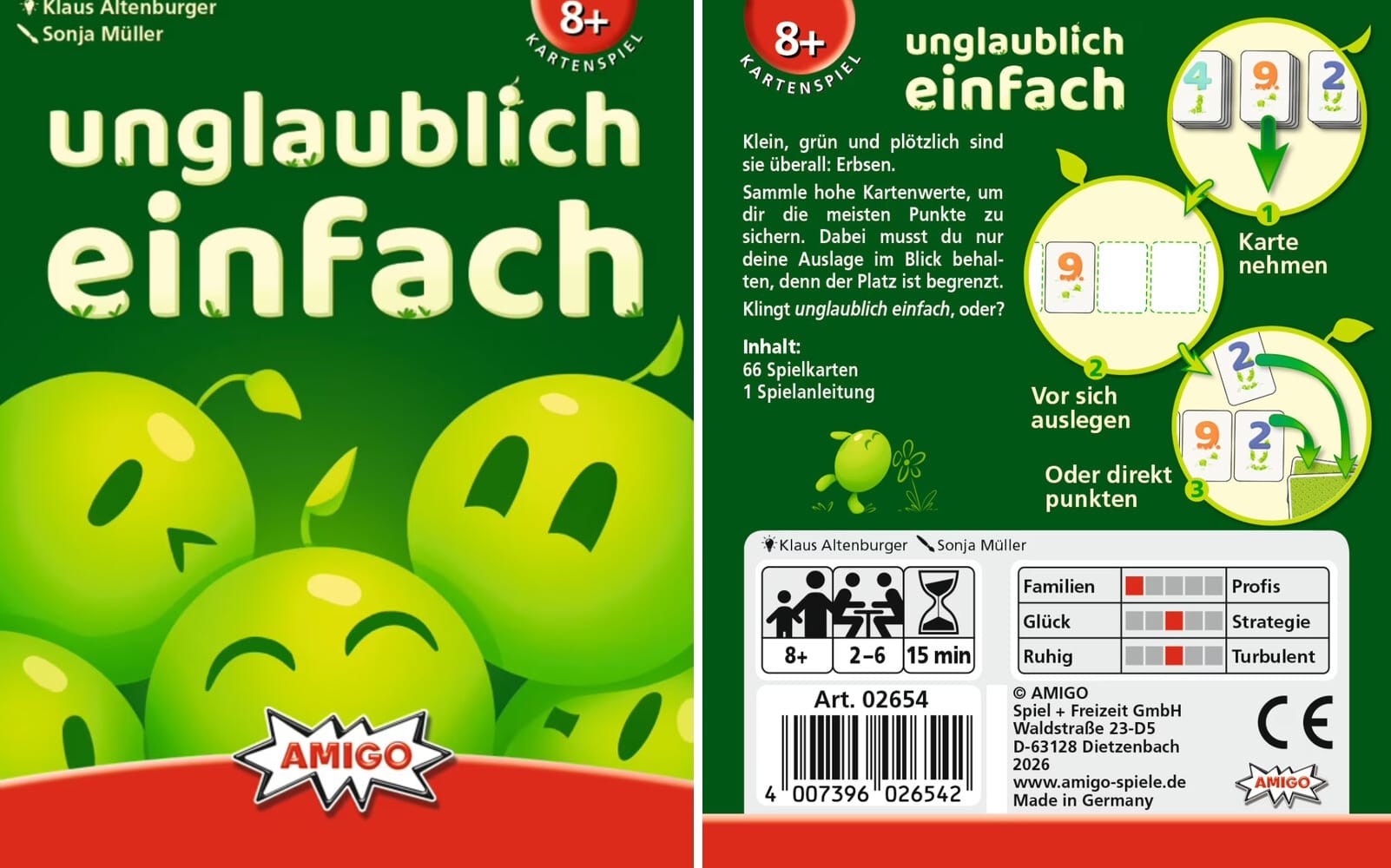The front cover of this game features peas with eyes, and the back features a cryptic description of gameplay in German