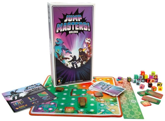The image shows the Jump Masters! Deluxe package, along with the game board, score track, hero dice, and hero cards.
