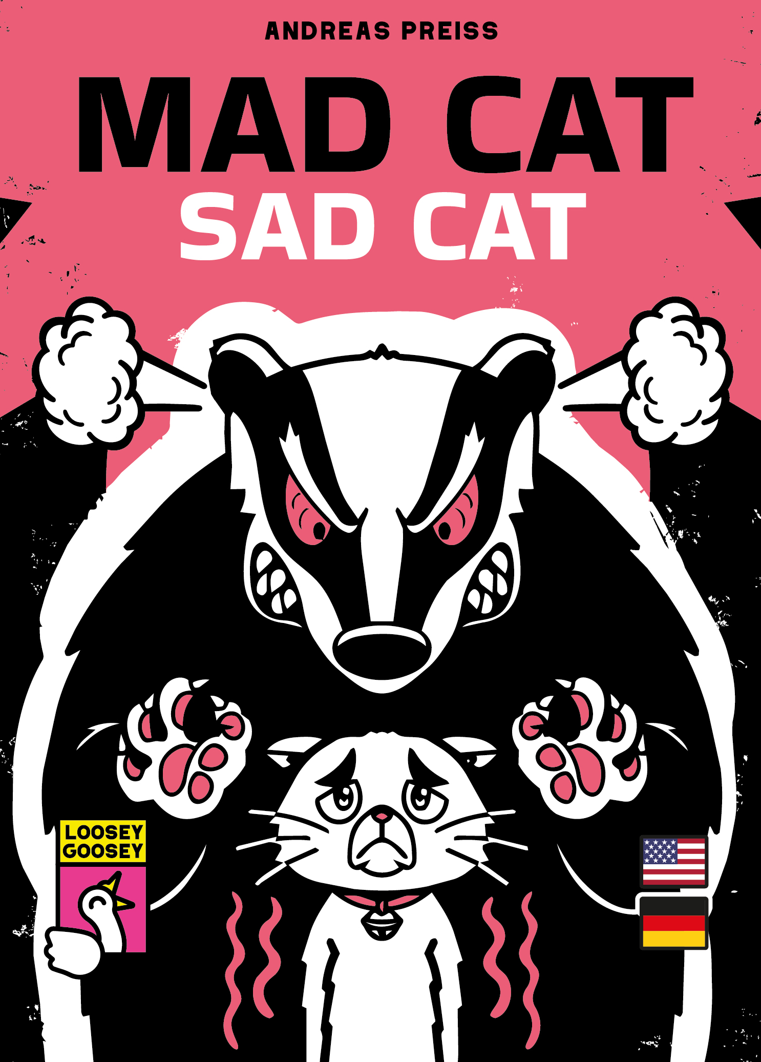 Front cover of Mad Cat Sad Cat, which shows both one sad cat and one mad cat, who seems filled with murderous rage.