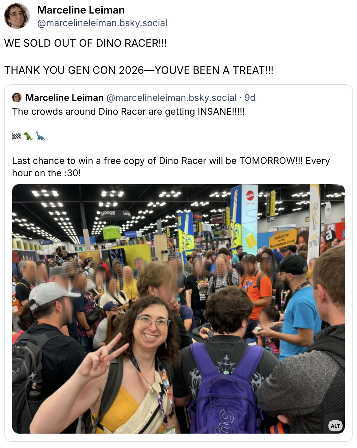 Marceline Leiman poses in front of a crowd of dozens at Gen Con 2026