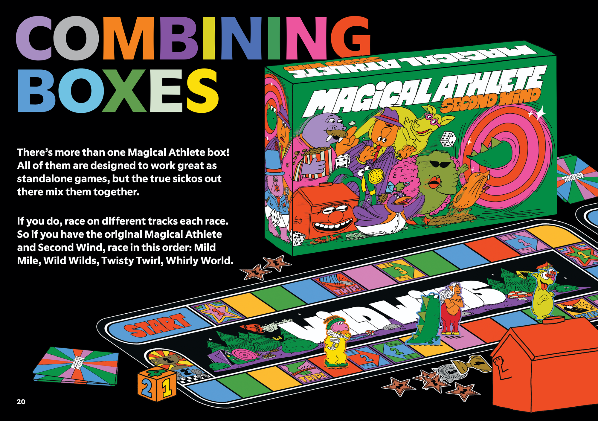 A promotional image featuring Magical Athlete: Second Wind in a green box with lots of strange creatures on the front. A game board labeled "Wild Wilds" is shown with playing pieces on top of it.