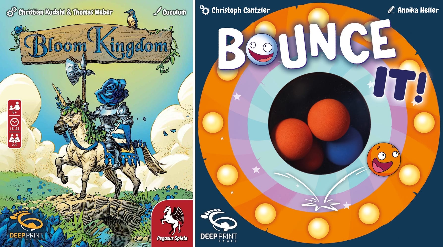 Front covers of Bloom Kingdom, which shows a knight on a horse, with the knight having a flower bloom for a head, and Bounce It!, which shows rubber balls through a hole in the box.
