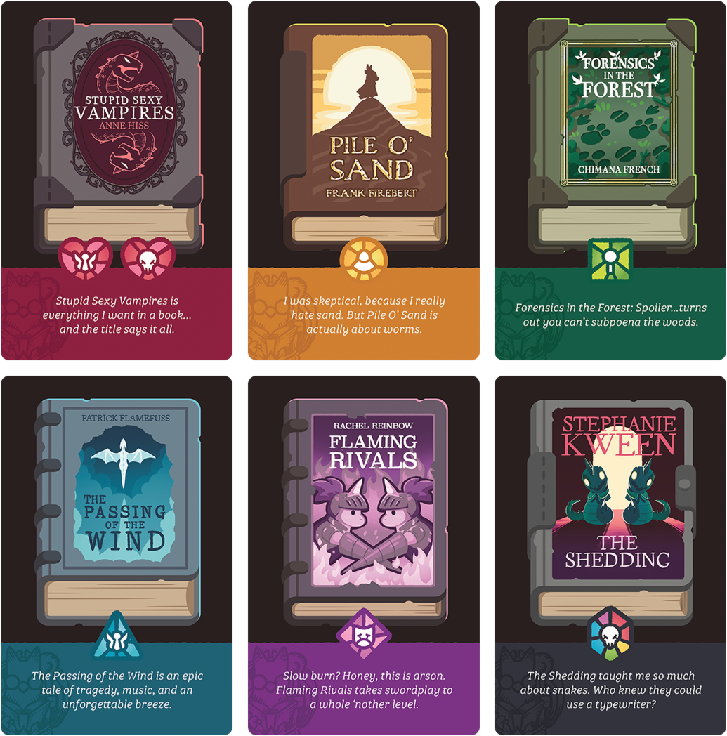 Six cards are depicted, each showing a different book, such as "Stupid Sexy Vampires" by Anne Hiss and "Pile o' Sand" by Frank Firebert.
