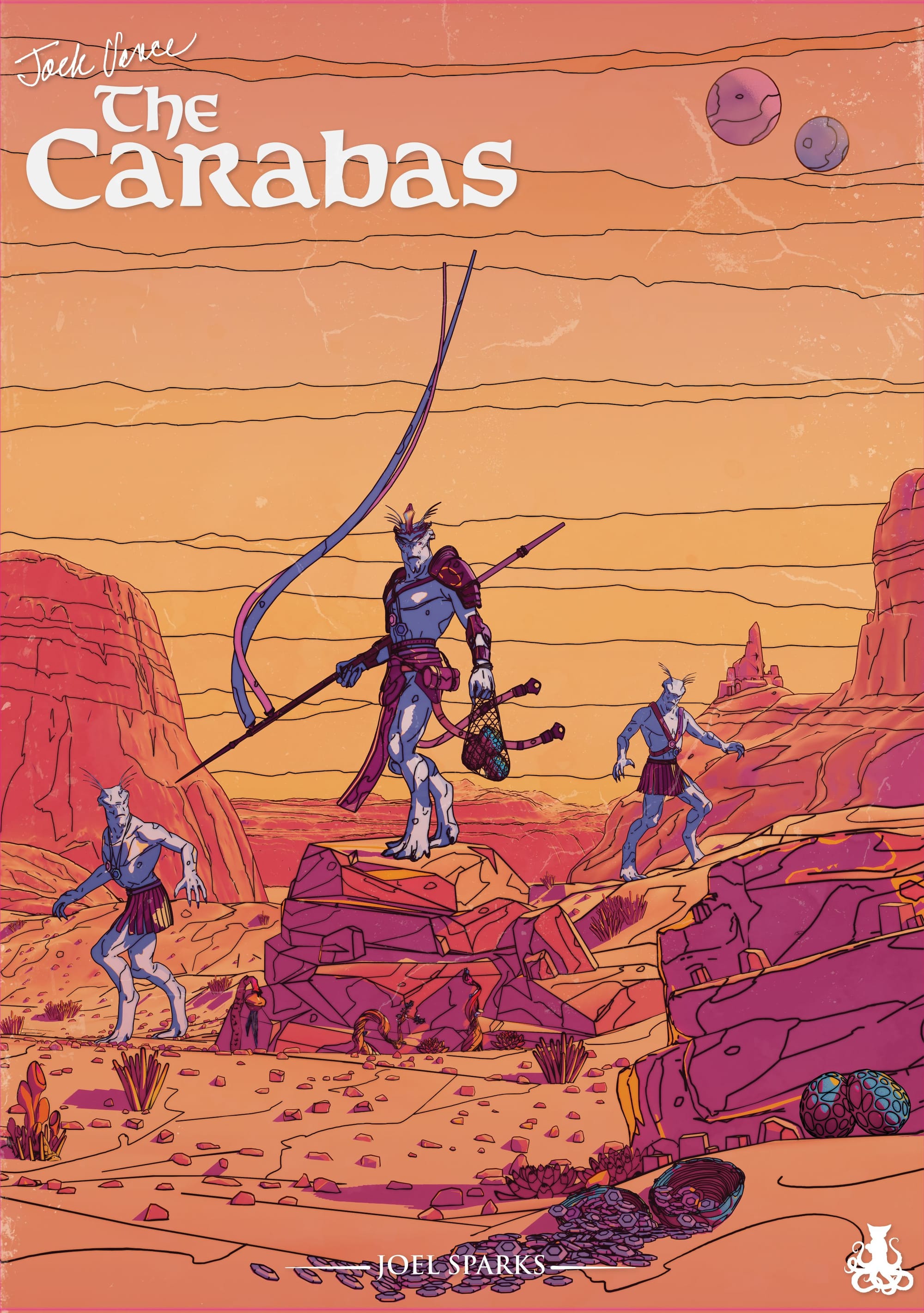 Front cover of The Carabas, which features blue bipedal creatures on an orange desert world.