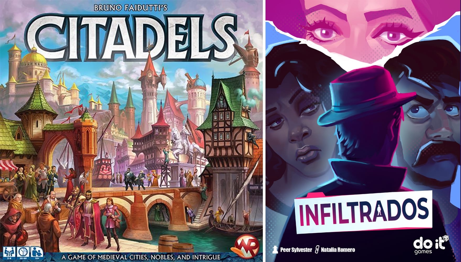 Front covers of the games Citadels and Infiltrados. Infiltrados uses a Citadels-style action-card selection system.