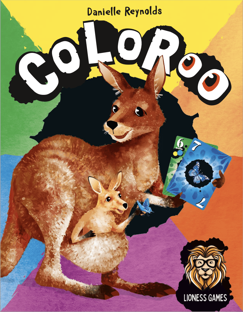 Front cover of Coloroo, which shows a kangaroo and a joey in its pouch holding cards and a butterfly.