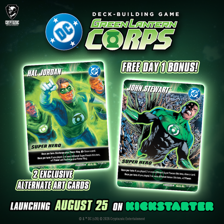 Text: DC Deck-Building Game: Green Lantern Corps — launching August 25 on Kickstarter — free day 1 bonus of two exclusive alternate art cards