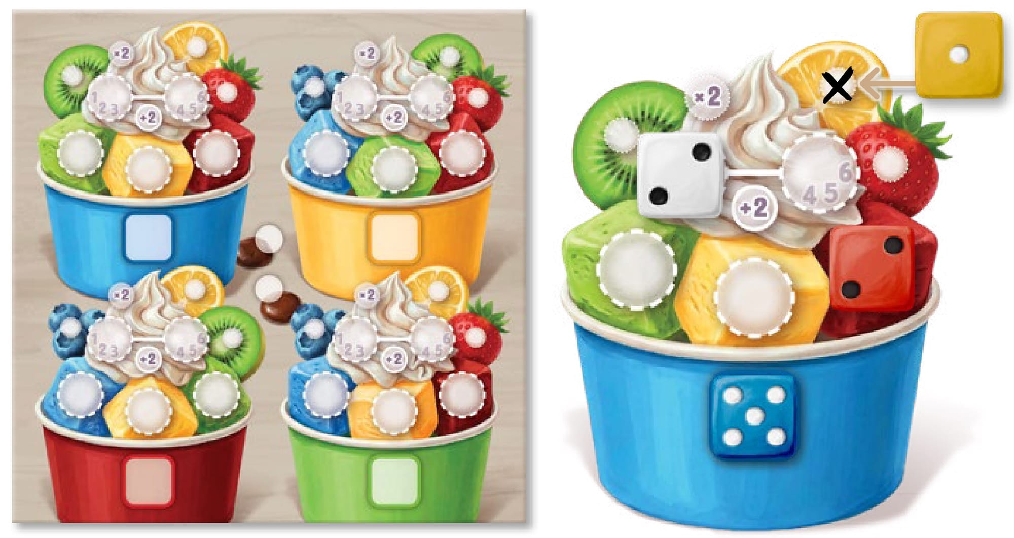 On left, four ice cream sundaes as described in the text; on right, the blue 5 unlocks the blue cup, the red 2 scores the red scoop, the yellow 1 ticks the filling, and the white 2 adds whipped cream.