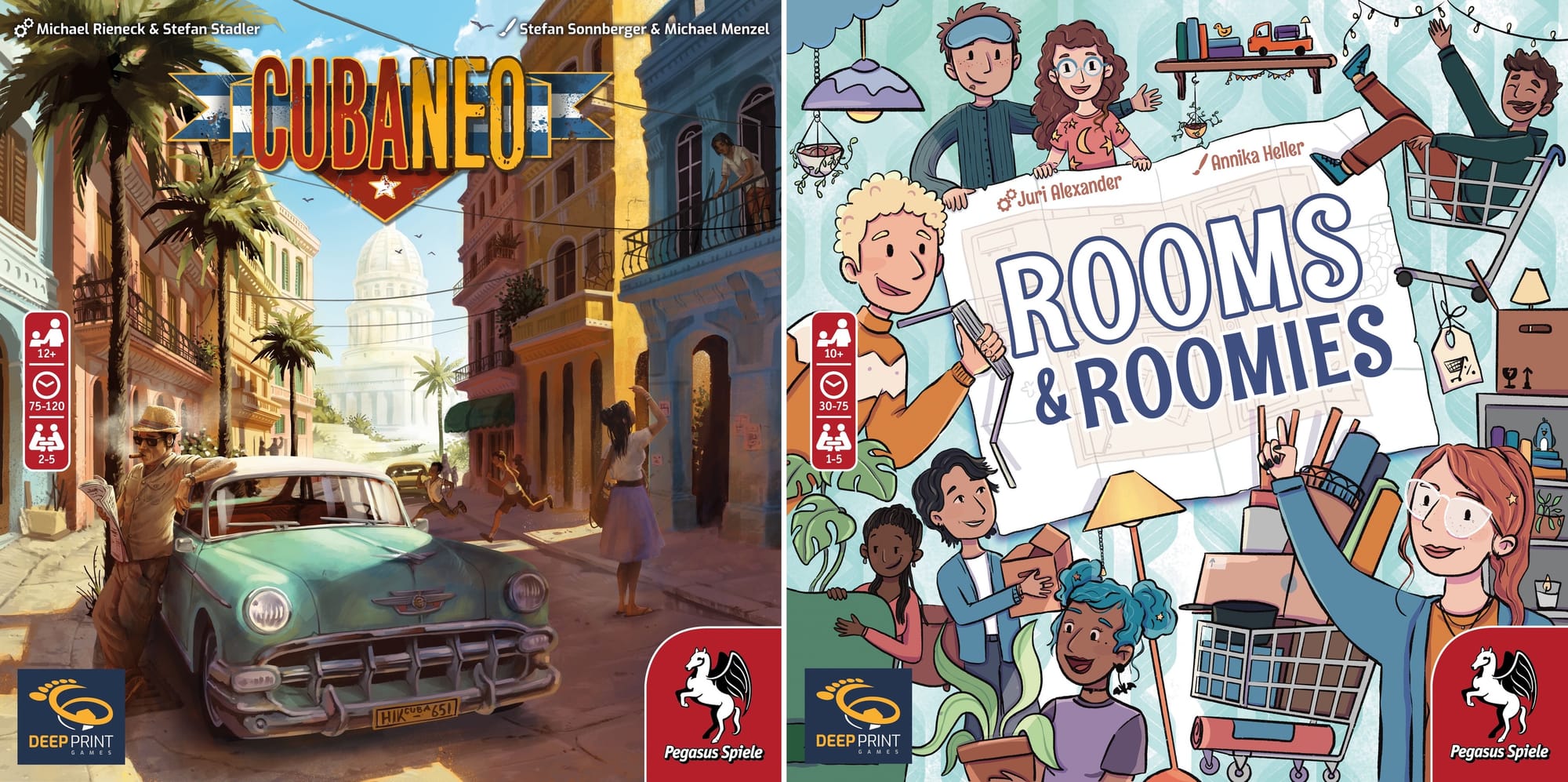 Front covers of Cubaneo, which shows a street in Havana prior to the Communist revolution, and Rooms & Roomies, which shows eight cartoon characters and various household items.