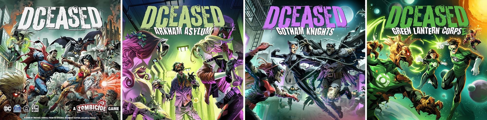 Front covers of DCeased, DCeased: Arkham Asylum, DCeaased: Gotham Knights, and DCeased: Green Lantern Corpse