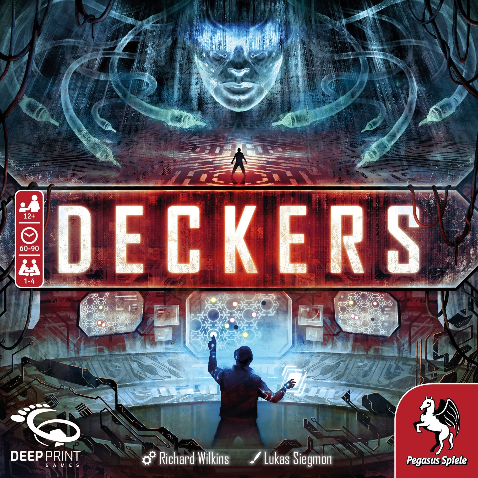 Front cover of Deckers, which features a Medusa with electronic cables for hair and a person doing stuff on digital displays.
