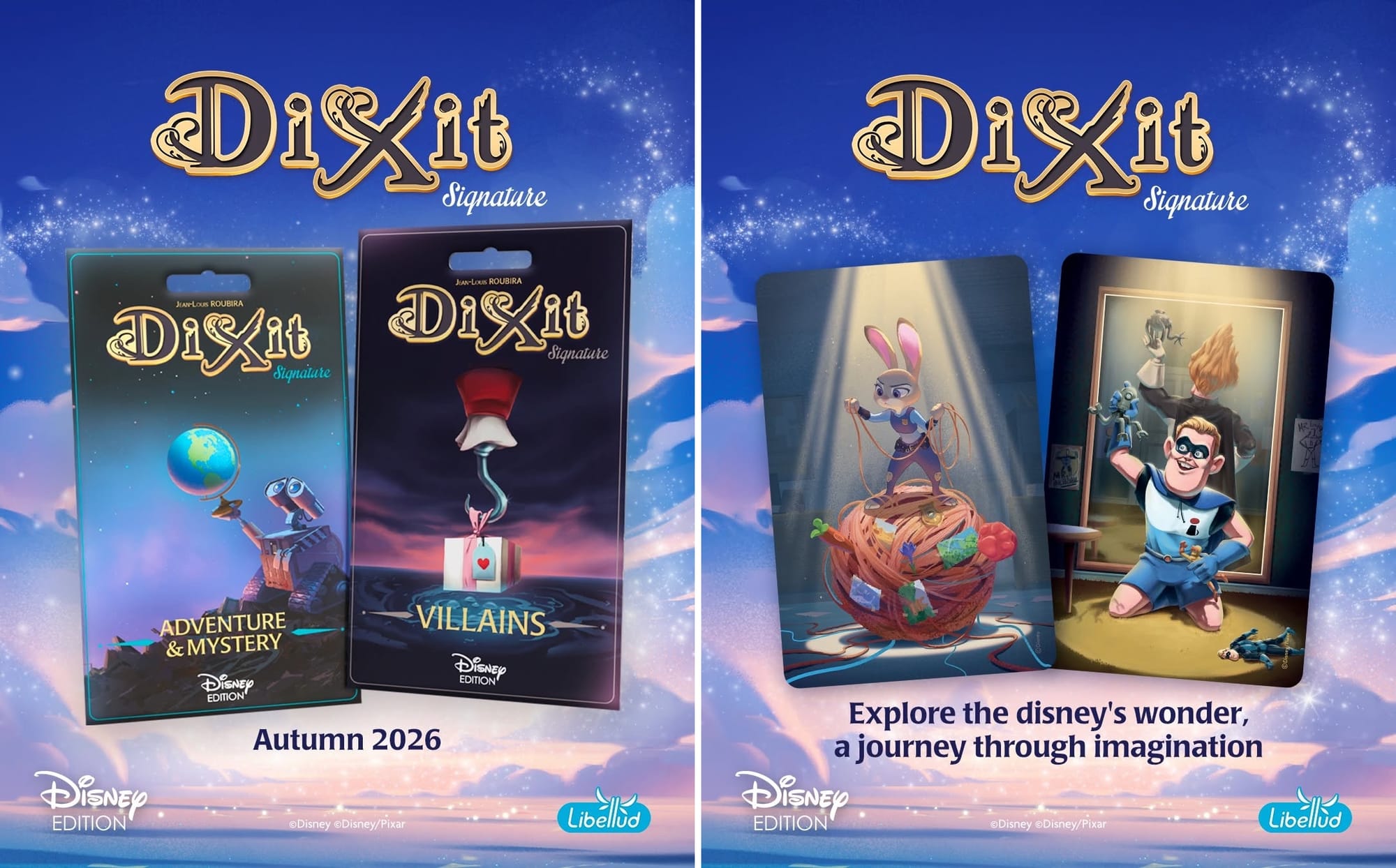 Promotional images for Dixit Signature: Adventure & Mystery and Dixit Signature: Villains that shows the cardboard packs holding the cards, along with one card from each pack: Judy Hopps from Zootopia on a ball of string, and the boy who grows up to be Syndrome in The Incredibles.