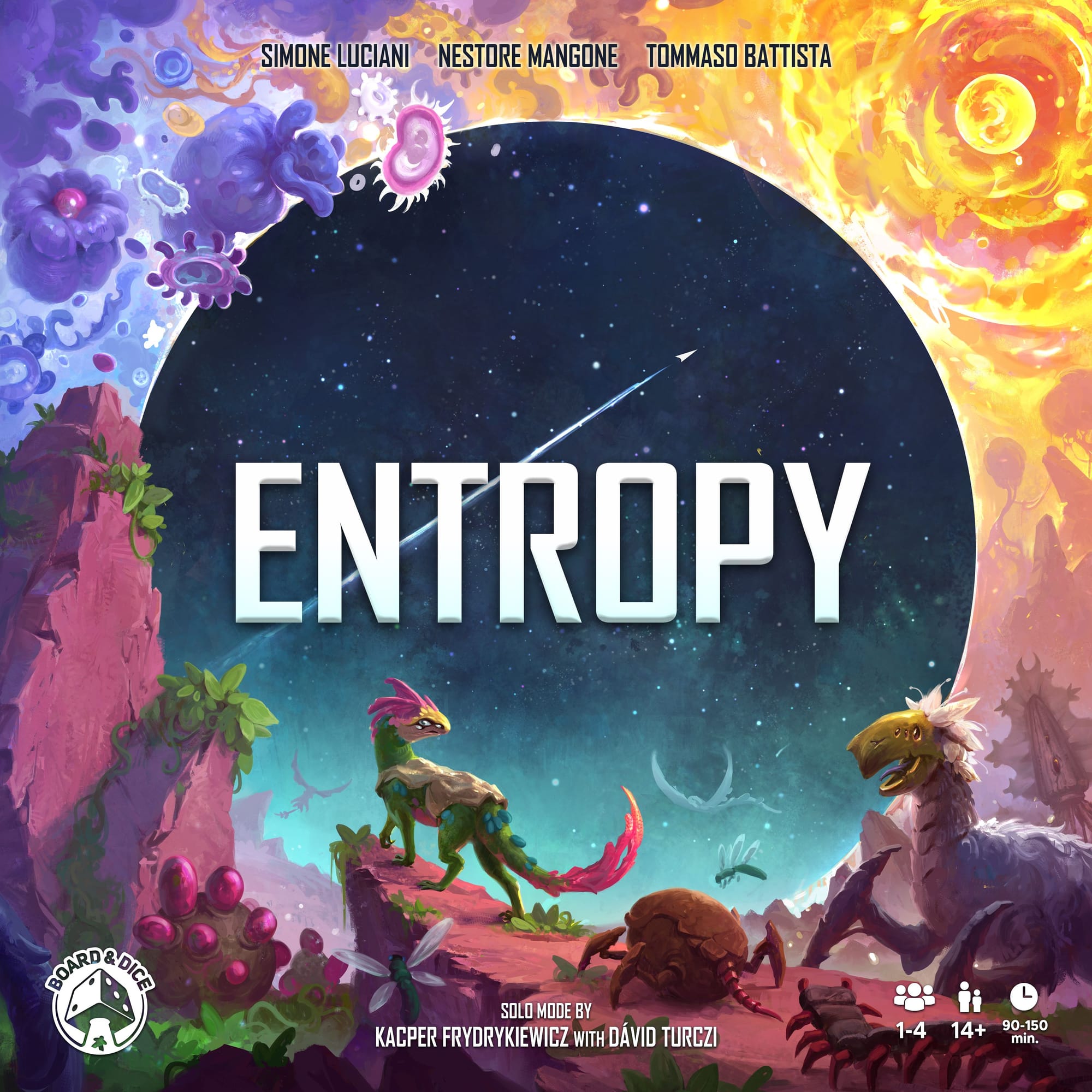 The front cover of Entropy shows odd creatures surrounded by cosmic forces against a space-y background.