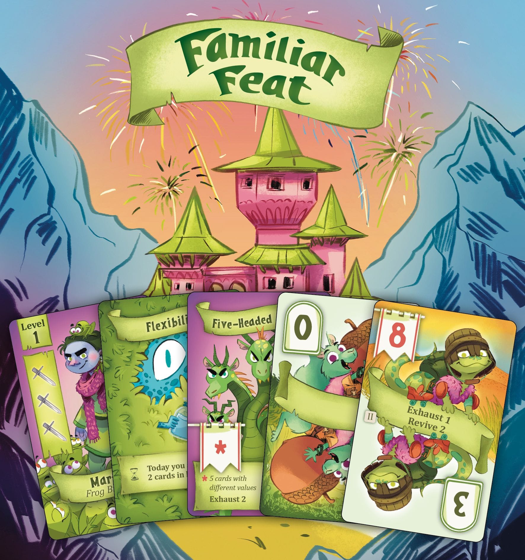 Sample cards from Familiar Feat, including a level 1 monster, a five-headed dragon, and a double-headed turtle card you apparently flip around to change its value.