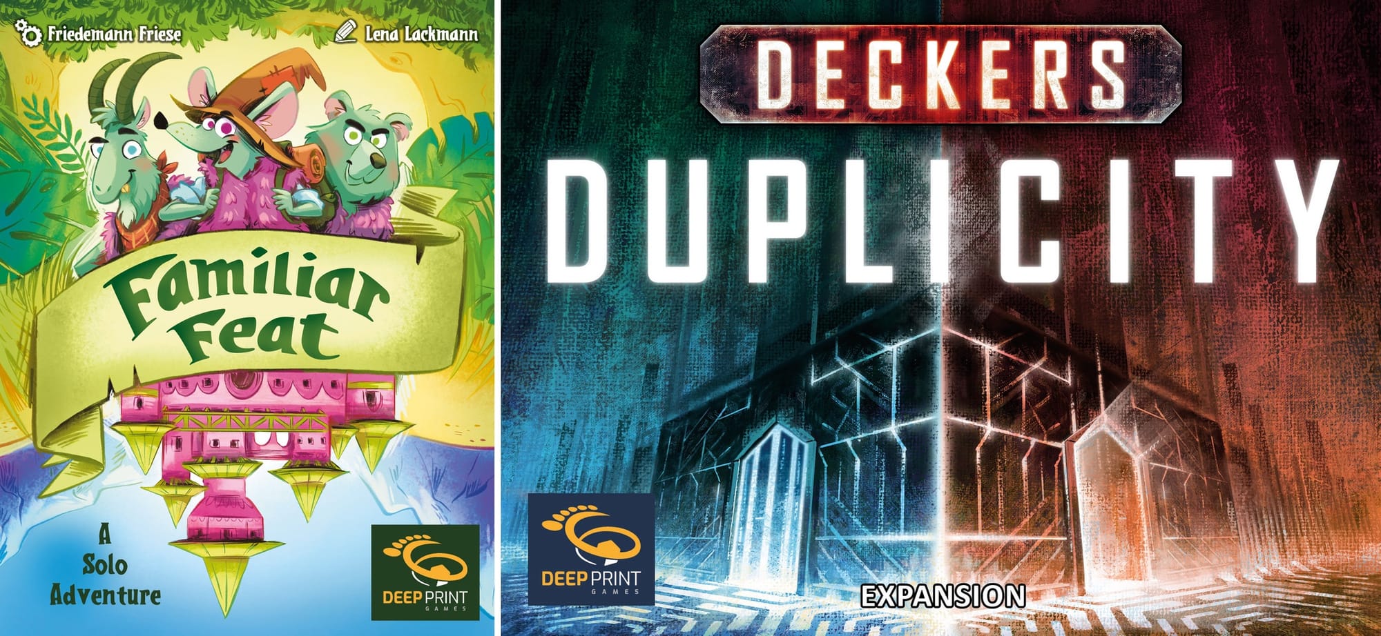 Front covers of Familiar Feat, which shows green animals staring at you, and Deckers: Duplicity, which has a moody blue/red quasi-building.