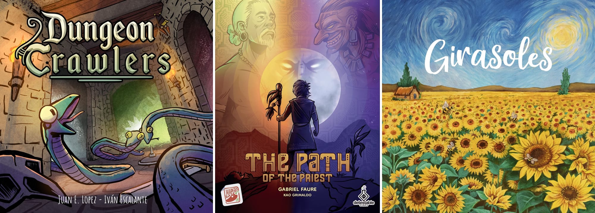 Front covers of Dungeon Crawlers and The Path of the Priest, along with the first page of the Girasoles ("Sunflowers") rulebook.