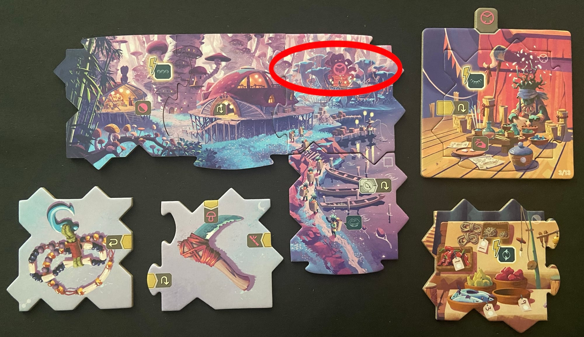 The four-tile village scene is depicted, with a "Take [icon]" command circled because it's somewhat invisible on a background of the same color.