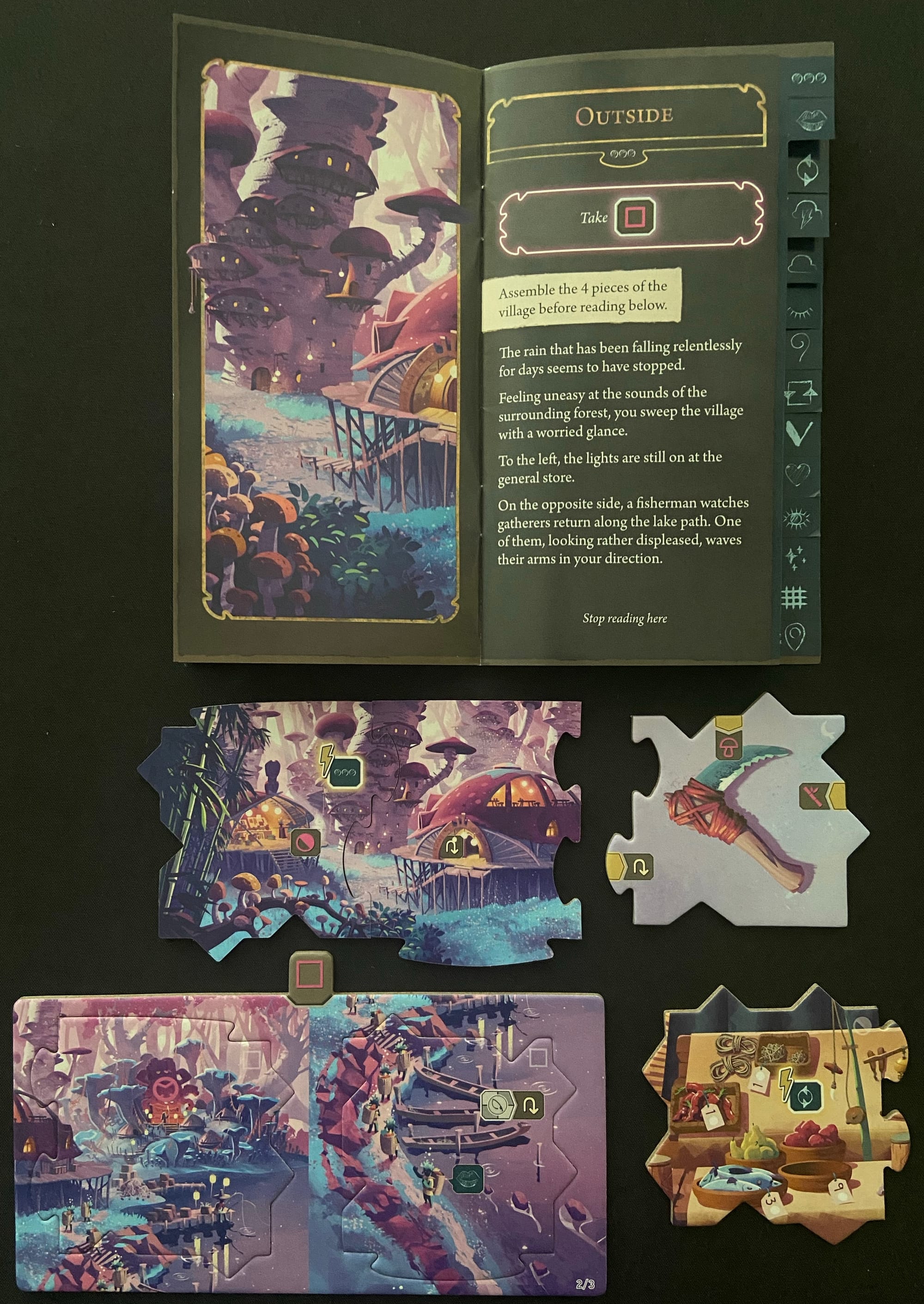 We now have six tiles on the table, with only two fitting together. The adventure book gives us setting about the environment and what you see.