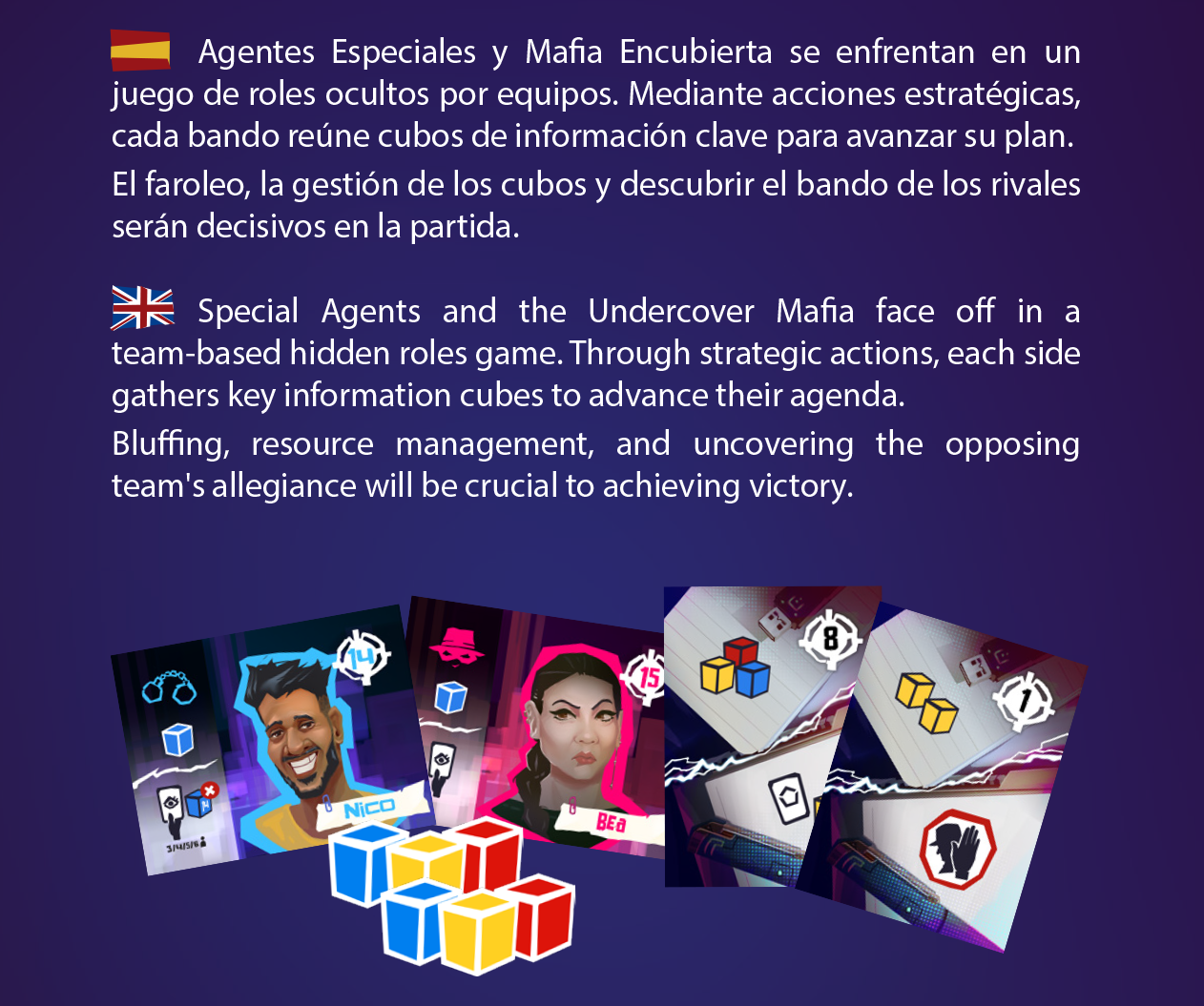 Infiltrados back-cover detail showing cards and describing its team-based hidden-role gameplay