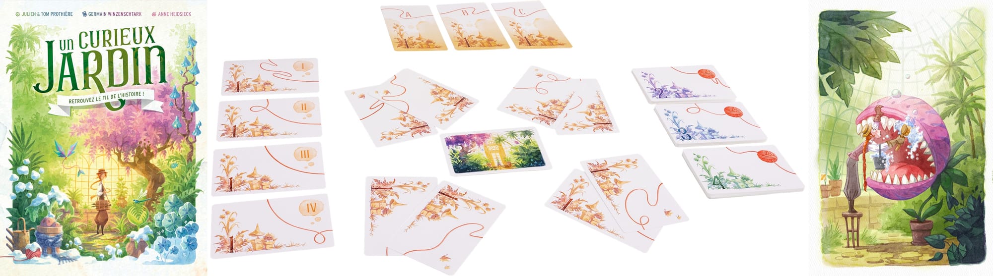 The cover of Un Curieux Jardin shows a women in a colorful garden. One of the card images shows her brushing the teeth on a giant venus flytrap-type of plant. Cards are laid out on the table.