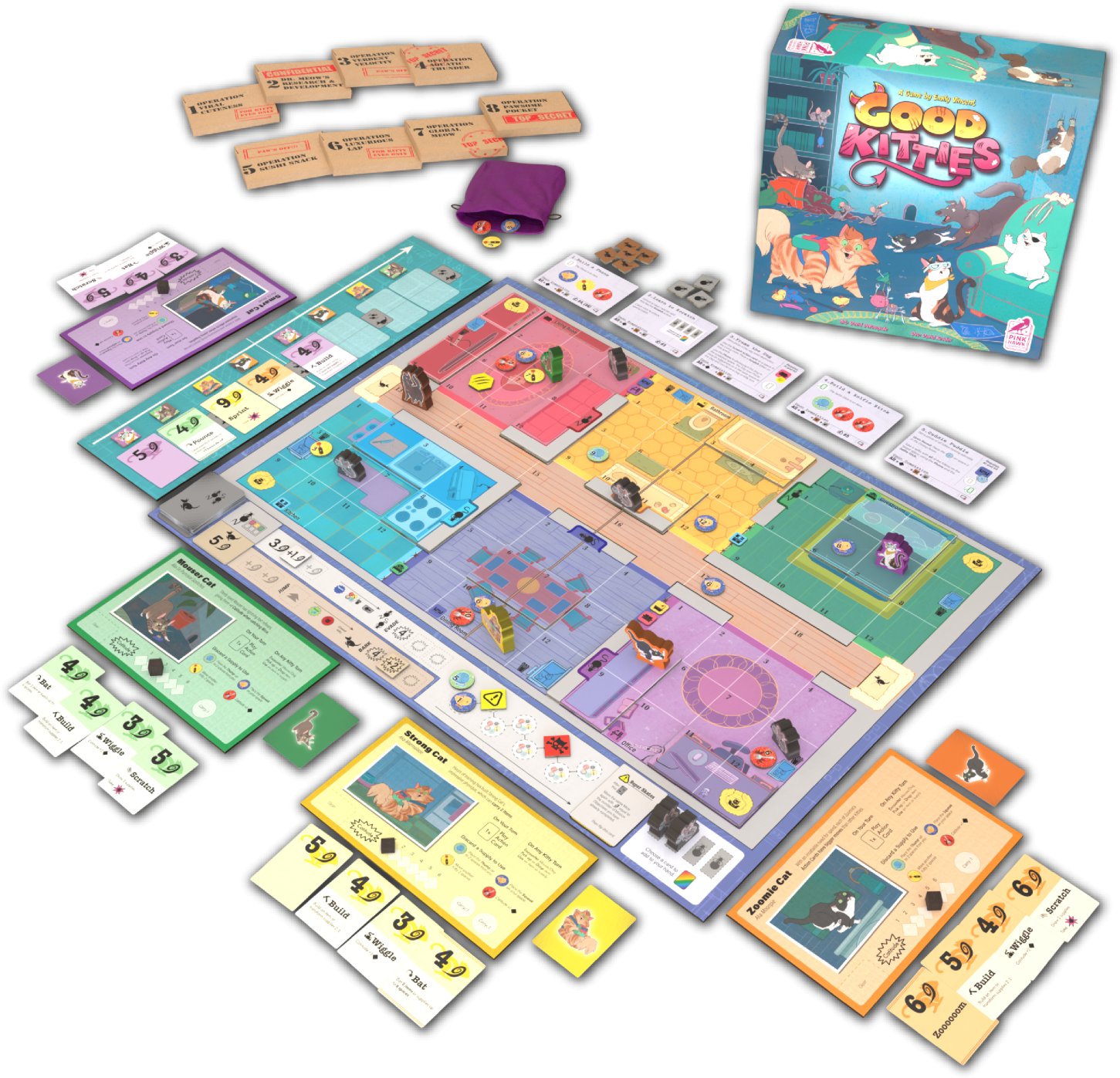 The game board shows the layout of a house, which has animal tokens on it, furniture tokens, and more. Each player has their own action board and cards. An action board lies next to the game board, with player actions laid out in order.