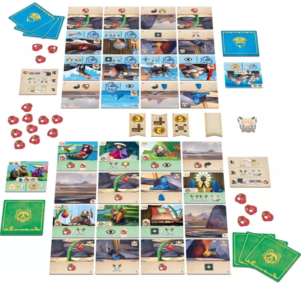 Each of the two players has a 4x4 grid of tiles, some of which have been covered by tiles from their animal clan. Food and military tokens are near the grids, along with action tiles.