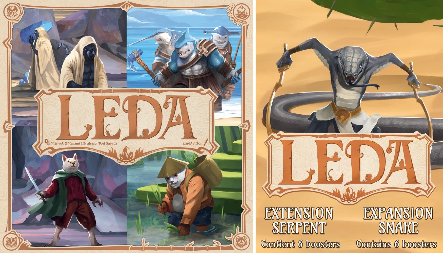 Front cover of LEDA and the Snake Expansion, which depicts a snake with arms wielding curved swords.