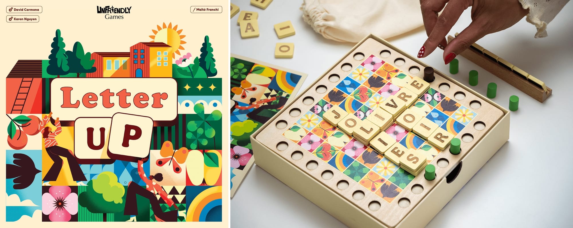 The Letter Up box features 1970s-style block graphics; the game board is a 7x7 grid on which to place letters, with a hollow space at each end of the rows and columns in this grid that can hold a token.