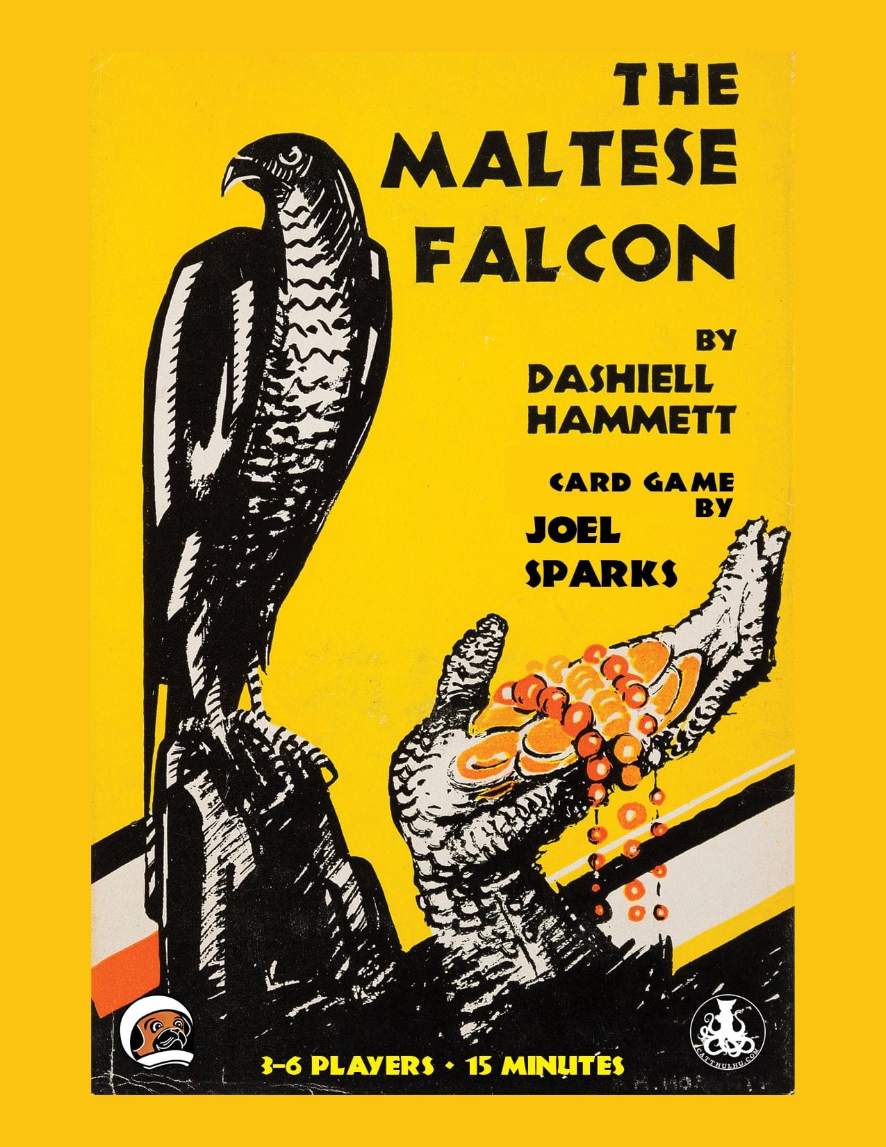 The front cover shows the Maltese falcon statue next to a hand holding jewels.