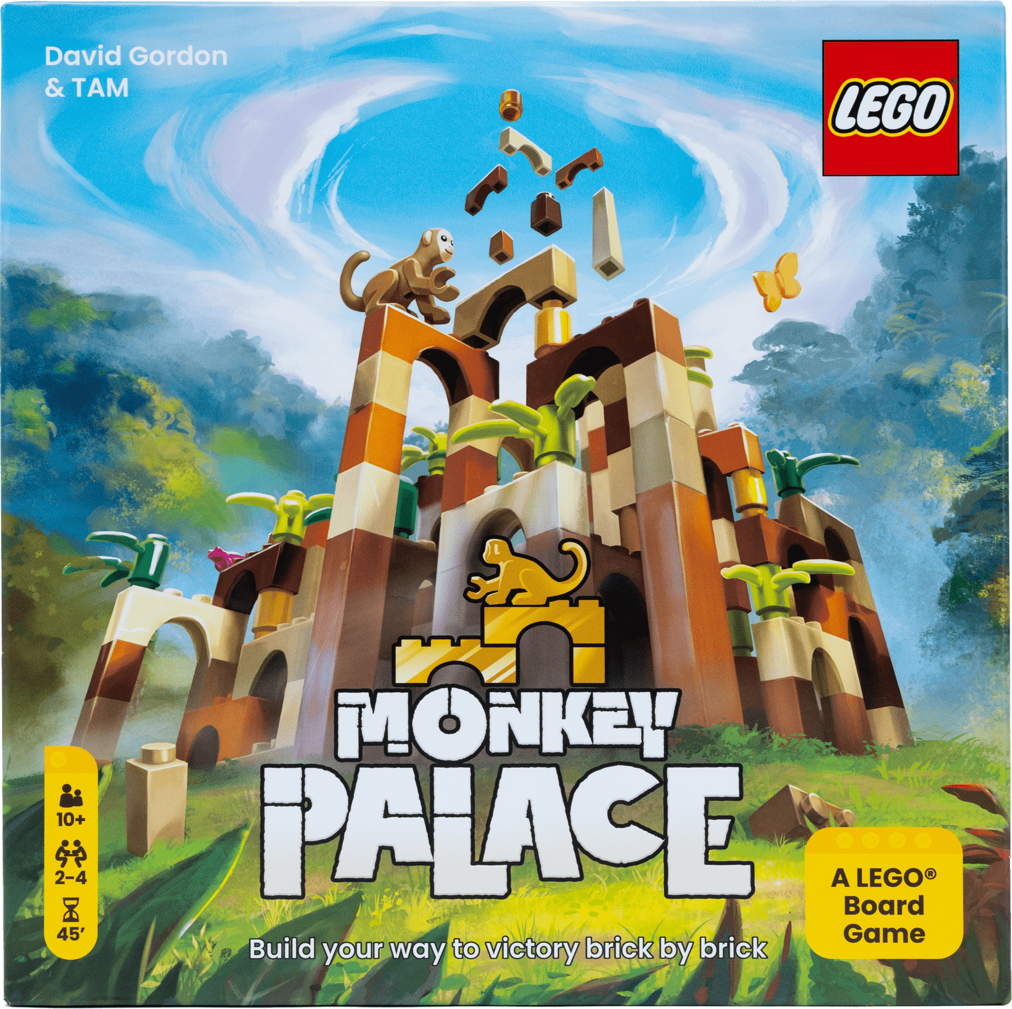 Front cover of LEGO Monkey Palace, which shows a 3D LEGO structure of pillars and leaves, with a monkey seemingly directing pieces as they fall from the sky.