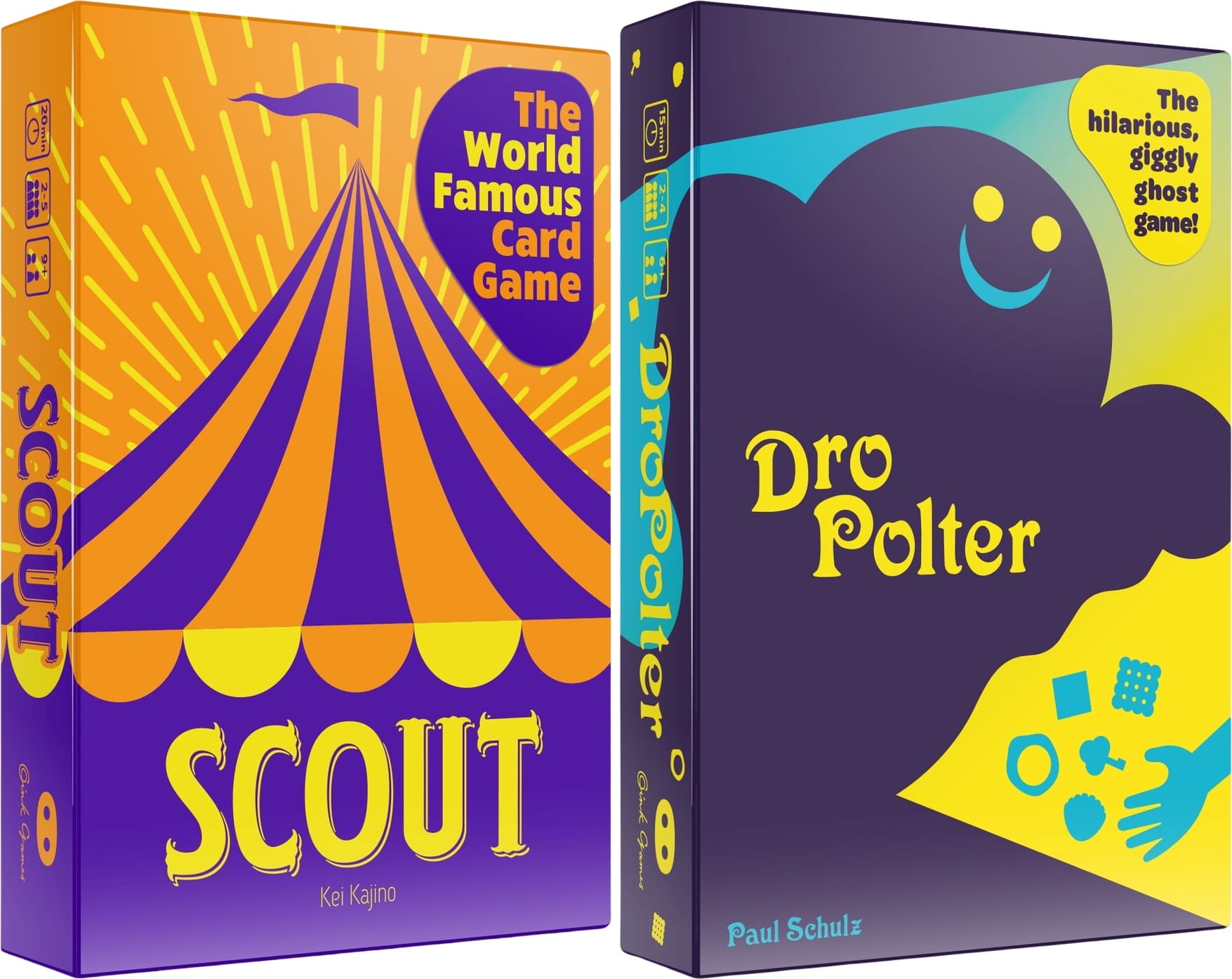 Front covers of the Walmart-exclusive editions of SCOUT and DroPolter, which look very much like the Oink Games' editions, but larger with explanatory text on the cover: "The World Famous Card Game" and "The hilarious, giggly ghost game!"