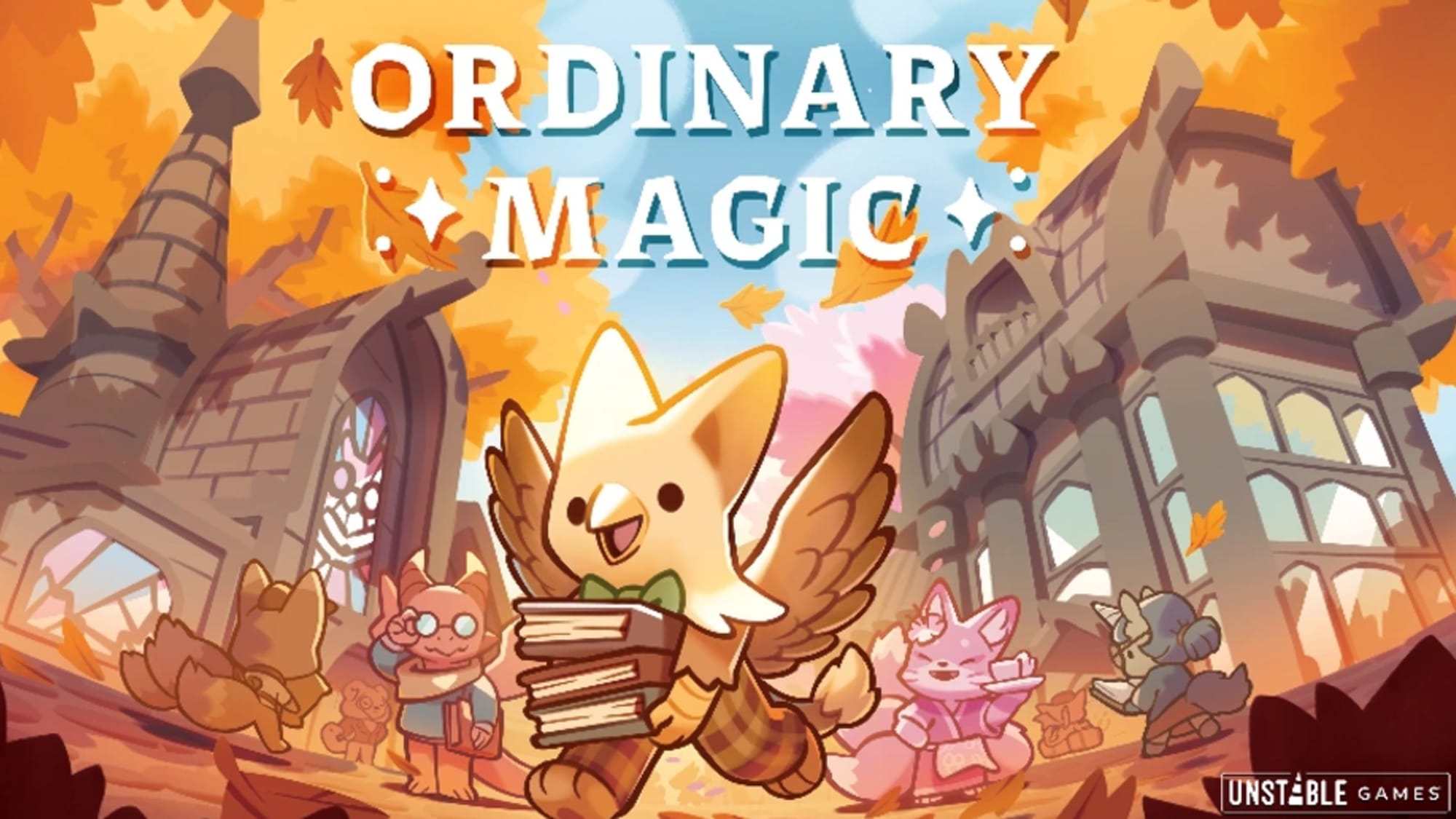Under the words "Ordinary Magic" a birdlike creature is waving at the camera while holding a stack of books in its other hand(?). Other fantasy creatures are milling in the background, just doing their thing.