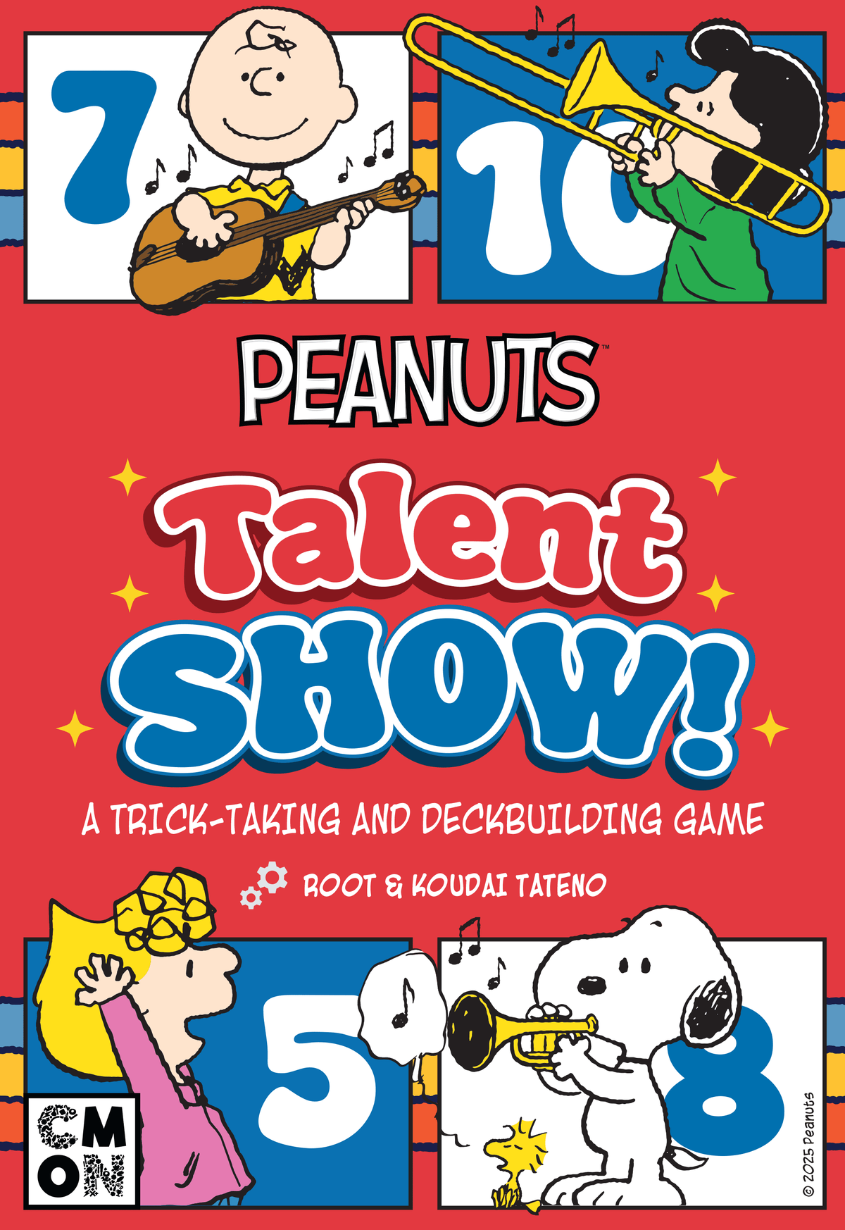Front cover of Peanuts Talent Show!, which shows Snoopy playing a trumpet, Woodstock singing, and Sally being an enthusiastic audience member.