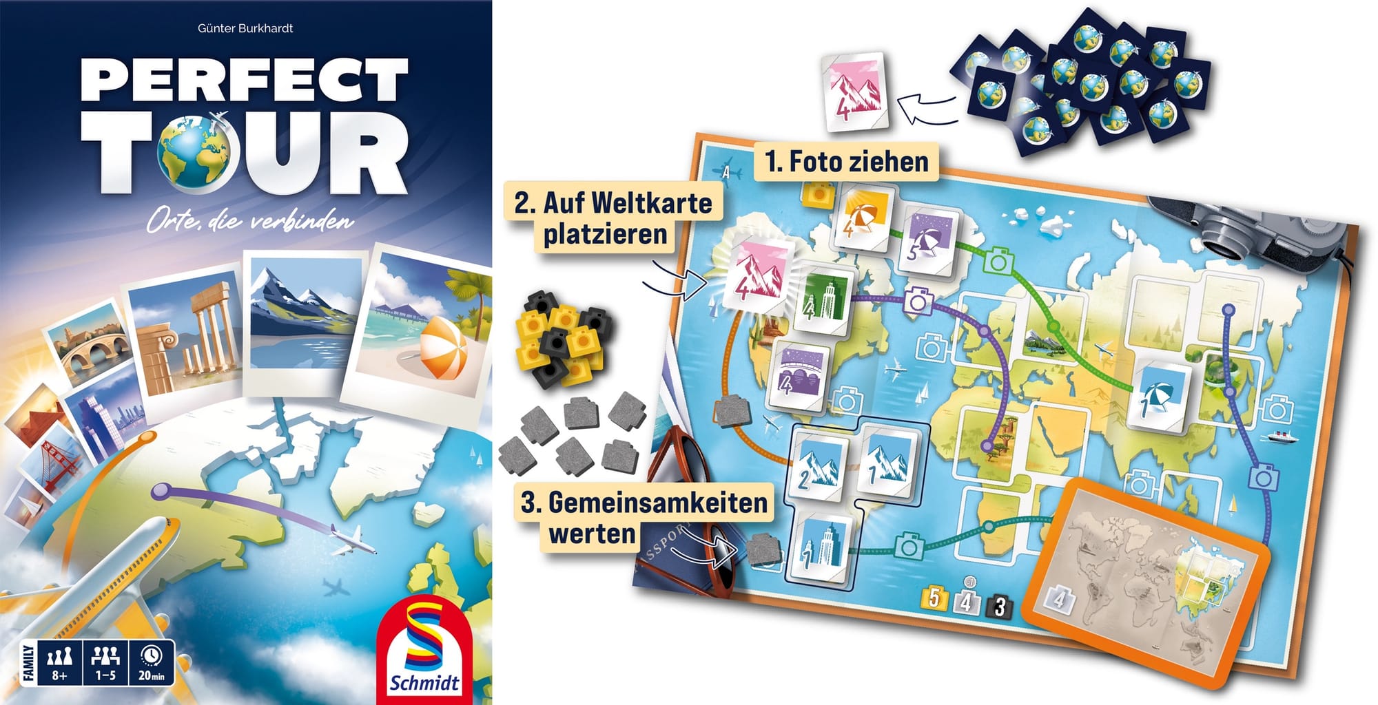 Front cover of Perfect Tour next to an example of gameplay: 1. Take a photo 2. Place a photo on your game board 3. Score when the photos share a trait