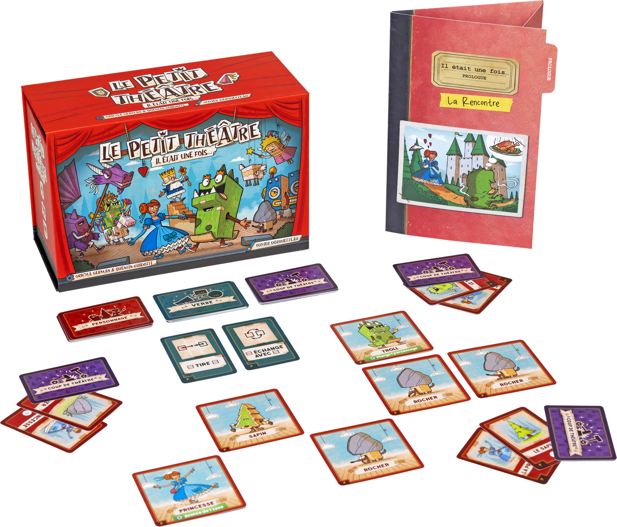 The box for Le Petit Théâtre is in the background next to the pamphlet for the play's prologue; various characters are arranged on the table next to character, verb, and dramatic twist decks.