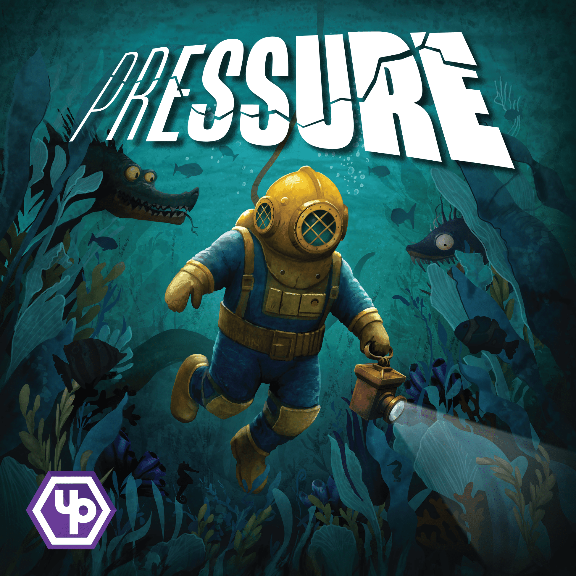 Front cover of Pressure, which shows a person in a diving suit surrounded by kelp underwater, with strange creatures lurking in the background.