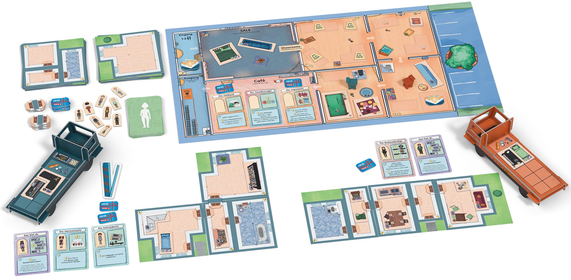 Component display for Rooms & Roomies, which shows a furniture store with new goods, individual apartments, trucks to carry goods back to those apartments, and new roommates.